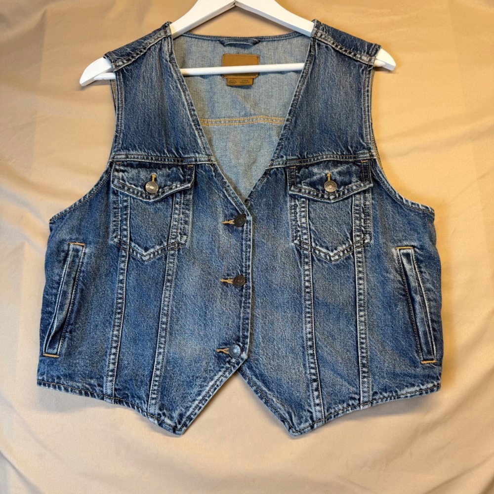 American Eagle Denim Vest Medium Wash Button Front Cotton Blue Large 382030133